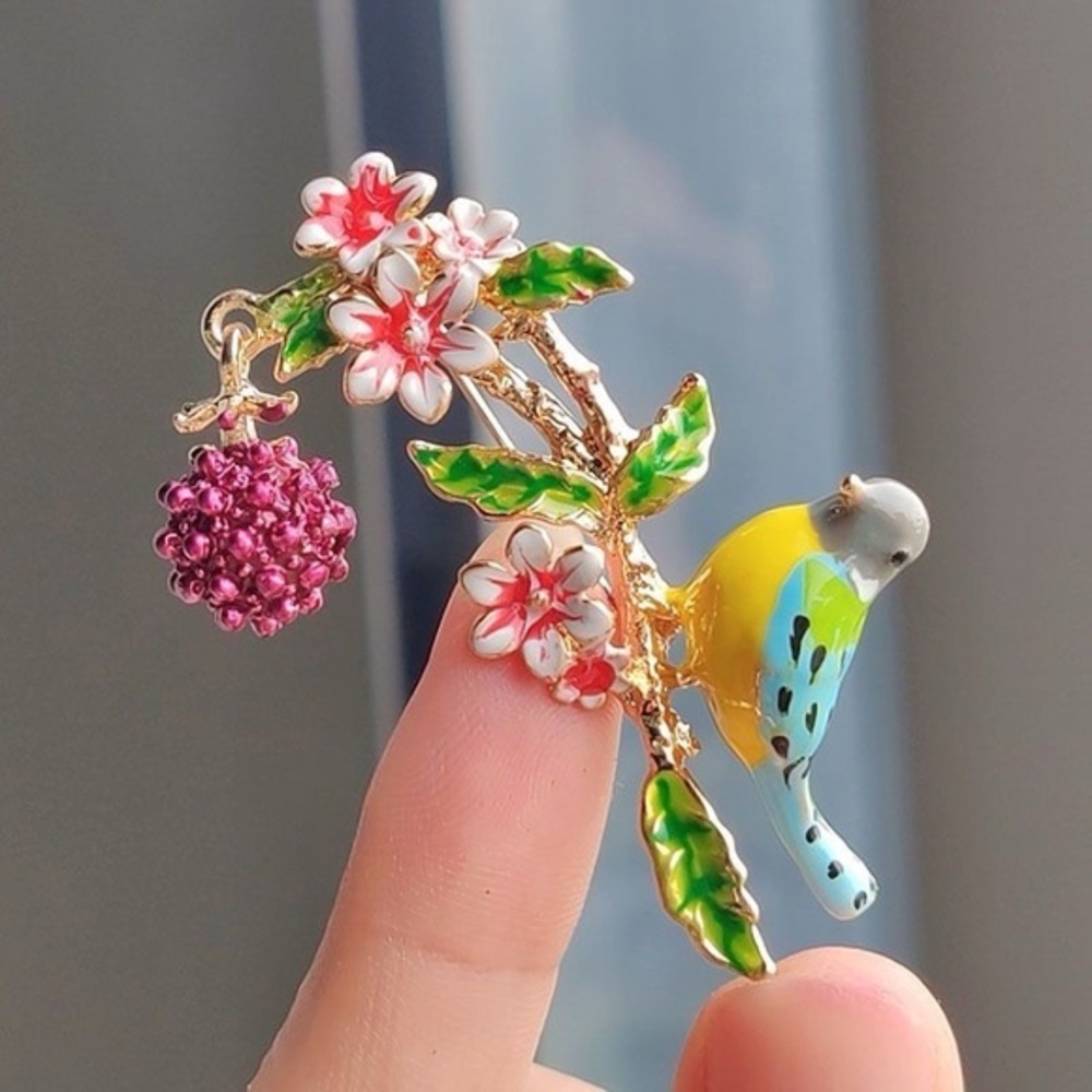 Enamel Brooch – Bird Reaching for Berry on Floral Branch – Nature-Inspired Pin
